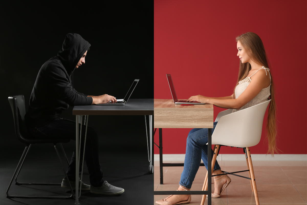 Split screen - woman on computer having conversation with man on other side of screen in dark. Impersonator.